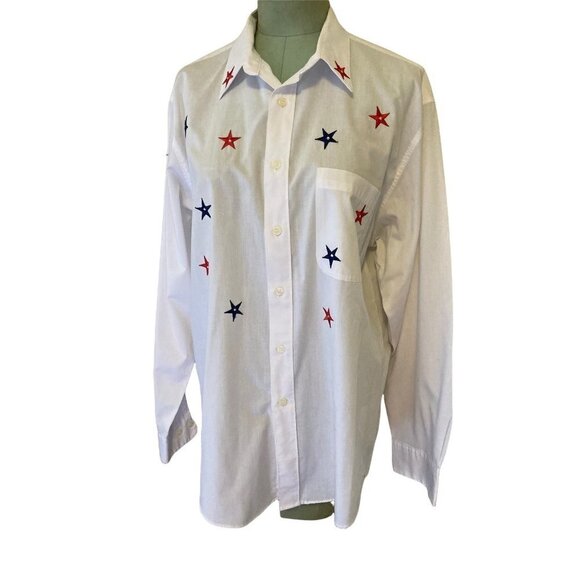 MiLi Designs Patriotic Stars Large White Red White Blue Vintage Long Sleeve - Picture 1 of 10